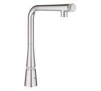 GROHE Zedra Smartcontrol Kitchen Tap High L-Shape Tap with Pull-Out Spray Head, 140° Swivel Range, Stainless Steel Look Water-Saving 31593DC2