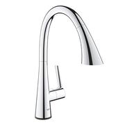 GROHE Zedra Touch Kitchen Tap Single-Lever Sink Mixer, High C-Spout with Touch Operation, Pull-Out Comfort Shower Head and 3 Spray Options, 360° Swivel Range, Chrome Finish Water-Saving 30219002