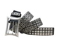 Grommet Rivet Leather Belt,Gothic Punk Waist Strap with Studded Hole 3 Prong Unique Square Buckle for Jeans Pants(115cm/45", Black)