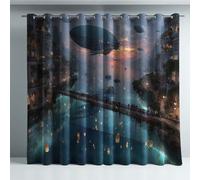 Grommet Window Blackout Curtains Cyan Fantasy Microfiber Thermal Insulated Curtains Future Airship City Lightproof Eyelet Drapes for Bedroom 66 x 90 Inch Drop 2 Panels