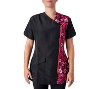 Groomers Kanji V-Neck Dog Grooming Tunic/Pet Salon Top - Pink Paw Print - Medium