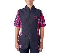 Groomers Mandarin Collar Zip Up Dog Grooming Tunic/Jacket - Pet Hair Resistant/Quick Drying Workwear - Navy/Pink Paw Print - XXL