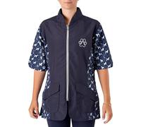 Groomers Mandarin Collar Zip Up Dog Grooming Tunic/Jacket - Pet Hair Resistant/Quick Drying Workwear - Navy Blue with Poodle Print - XL