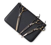 Groomers Professional Dog Grooming Scissors Set, Noir Limited Edition, 7" Straight Scissor 7" Curved Scissor 7" 50T Thinning Scissor. Stainless Steel. Wear and Abrasion Resistant.