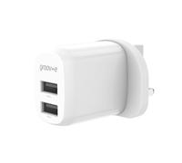 Groov-e Dual USB-A Wall Charger 12W - 2-Port UK Plug Mains Adaptor for Simultaneous Device Charging, Smartphones, Tablets, and USB Accessories - White