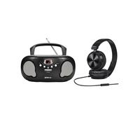 Groov-e Original Boombox & Headphone Bundle - Portable CD Player with Radio, Stereo Headphones, 3.5mm Aux Port, & Headphone Socket - LED Display, 2 x 1.2W Speakers - Battery or Mains Powered - Black