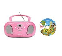 groov e Orginal Boombox & Kids Story CD Bundle - Portable CD Player with Radio, 3.5mm Aux Port, & Headphone Socket - CD Features 10 Classic Children's Stories - Battery or Mains Powered - Pink