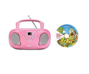 Groov-e Orginal Boombox & Kids Story CD Bundle - Portable CD Player with Radio, 3.5mm Aux Port, & Headphone Socket - CD Features 10 Classic Children's Stories - Battery or Mains Powered - Pink
