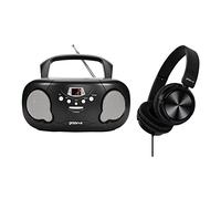 Groov-e Original Boombox & Headphone Bundle - Portable CD Player with Radio, Stereo Headphones, 3.5mm Aux Port, & Headphone Socket - LED Display, 2 x 1.2W Speakers - Battery or Mains Powered - Black