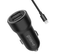 Groov-e USB-A In-Car Charger 12W with 1M Lightning Cable - Car Charger for Lightning Connector Devices, Fits 12V and 24V Sockets - Black