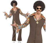 Smiffys Groovy Boogie Costume, Brown Jumpsuit with Attached Shirt, 1970's Disco Fancy Dress, Adult Dress Up Costumes, World Book Day