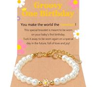 Groovy Bracelets for Her 1 Year Old - White Pearl Bracelet, Groovy One Year Old Birthday Pearl Jewelry Adjustable, First Birthday Gifts for Her Niece Daughter Granddaughter