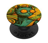 Groovy Cat in Round Sunglasses with Spiral Swirls - Pop Art PopSockets Adhesive PopGrip