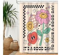 Groovy Daisy Flower Shower Curtain for Bathroom, 72x72 Inch Retro 70s 60s Hippie Boho Style Bath Decor, It’s a Good Day Heart Smiley Face Funky Floral Art, Polyester Fabric Set with 12 Hooks