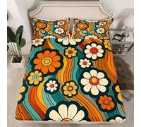 Groovy Daisy Flowers Fitted Sheet Twin Size,70s 80s Vintage Floral Hippie Psychedelic Bedding Set,Boys Girls Room Decor,Rainbow Boho Exotic Bed Cover,Bohemia Retro Bed Sheet,1 Pillowcase