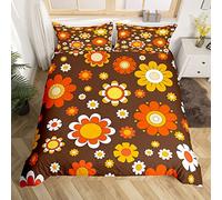 Groovy Flower Duvet Cover For Girls Women,Brown Funky 60S 70S Flower Bedding Set Retro Daisy Sunflower Doodle Comforter Cover Vintage Rustic Floral Bed Set With 2 Pillowcase Super King Zipper&Ties