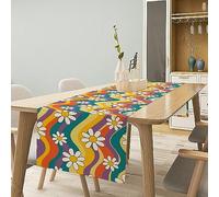 Groovy Flowers Table Runner, 60s 70s Retro Floral Cute Hippie White Chrysanthemum Flower Print Table Runner for Party Picnic Tabletop Dining Room Indoor Outdoor 13x60 Inch