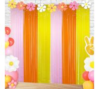 Groovy Foil Fringe Curtains Backdrop Birthday Party Decorations, 2 Pack 3.28 x 6.56 Ft Orange Yellow Pink Tinsel Streamer Photo Booth Props for Girls Hippie Retro Boho Themed Party Decor Supplies