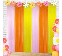 Groovy Foil Fringe Curtains Backdrop Birthday Party Decorations, 4 Pack 3.28 x 6.56 Ft Orange Yellow Pink Tinsel Streamer Photo Booth Props for Girls Hippie Retro Boho Themed Party Decor Supplies
