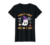 Groovy Forget Candy Give Me A Cat Ghost Holding Black Cat Value Graphic T-Shirt, Women, Black, XL