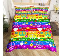 Groovy Hippie Duvet Cover Set Double Size,Peace and Love Heart Colorful Flowers Comforter Cover with 2 Pillowcases,Trippy Rainbow Stripes Bedding Set for Girls Teens Present, Soft Microfiber