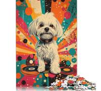 Groovy Maltese Retro Dog Art Print Retro Dog on Vinyl Puzzles 300 Piece Puzzle Adult Jigsaw Puzzle Educational Game Challenge Toy 1000pcs (75x50cm)