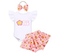 Groovy One 1st First Birthday Outfit for Baby Girl One Year Old Cake Smash Infant Flutter Sleeve Romper Flower Print Skirted Shorts Bowknot Headband 3pcs Set Summer Casual Clothes Pink Flower 6-12M