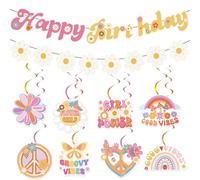 Groovy Party Decorations Banner Girls - 10 Pcs Boho Happy Birthday Banner Retro Flower Hanging Swirls For Groovy Birthday Hippie Rainbow Party Supplies