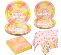 Groovy Party Decorations for 20 Guests, Includes Boho Hippie Birthday Paper Plates, Napkins, Groovy Tablecloth for Retro Hippie Boho Rainbow Dasiy Birthday Party Supplies, Two Groovy Birthday Party