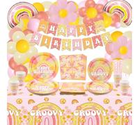 Groovy Party Decorations, Include Boho Hippie Birthday Banner, Tablecloth, Paper Plates, Cups, Napkin, Balloons for Retro Hippie Boho Rainbow Birthday Party, Two Groovy Birthday Party Decor, Serves 20