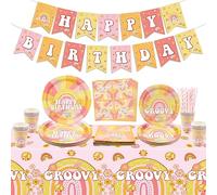 Groovy Party Decorations, Include Boho Hippie Birthday Banner, Tablecloth, Paper Plates, Cups, Napkins for Retro Hippie Boho Rainbow Dasiy Birthday Party, Two Groovy Birthday Party Decor, Serves 20