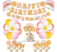 Groovy Party Decorations, include Retro Happy Birthday Banner, Boho Rainbow Flower Bus Banner, Cake Toppers, Balloons for Girls Birthday Party Two Groovy Hippie 60s Theme Boho Groovy Party Supplies