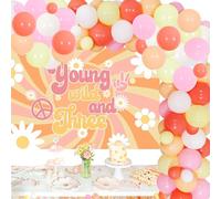Groovy Three Birthday Decorations, Young and Wild Three Groovy Backdrop Retro Hippie Boho Daisy Flower 3rd Birthday Supplies with Balloon Garland Kit