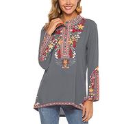 Grosy Boho Embroidered Long Sleeve Tee Shirts for Women Mexican Peasant Blouses Ethnic Bohemian Floral Tunic Tops, Gray, X-Large