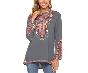 Grosy Boho Embroidered Long Sleeve Tee Shirts for Women Mexican Peasant Blouses Ethnic Bohemian Floral Tunic Tops, Gray, X-Large
