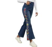 Grosy Boho Floral Embroidered Mom Jeans for Women Plus Size High Waisted Bell Bottom Bohemian Denim Pants Flare Jeans, Blue, XXL