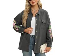 Grosy Embroidered Button Down Shackets for Women Long Sleeve Peasant Shirt Traditional Floral Light Jacket Fall Spring, Grey, 3XL