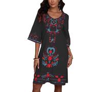 Grosy Women’s Embroidered Mexican Fiesta Dress Plus Size Traditional Floral Boho Dresses for Women Peasant Hippie Outfit, Black-09, L