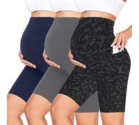 GROTEEN 3 Pack Women's Maternity Shorts Over Belly with Pockets - 8'' High Waisted Workout Yoga Pregnancy Biker Shorts