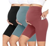 GROTEEN 3 Pack Women's Maternity Shorts Over Belly with Pockets - 8'' High Waisted Workout Yoga Pregnancy Biker Shorts, Black/Blackish Green/Pink, S