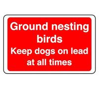 Ground Nesting Birds Keep Dogs On Lead At All Times - safety sign - High tack self-adhesive sticker (300mm x 200mm) Viewing Distance within 7m.