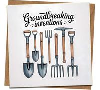 Groundbreaking Inventions Funny Gardening Greeting Card - Garden Tools Illustration, Blank Inside - 145mm x 145mm Square Card with Kraft Envelope - Birthday, Father’s Day, Gardener Gift