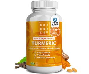 Grounded Turmeric Tablets 2,200mg with Black Pepper & Ginger 35:1 Extract | 2 Month Supply, 120 Tablets | High Strength Herbal Curcumin Supplement | Natural Anti Inflammatory & Antioxidants | Vegan UK