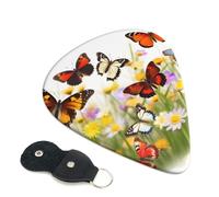 Group of Butterflies Guitar Picks 6 Pack with Leather Guitar Pick Holder Keychain, Plectrum Key Fob Cases Bag, Abstract Art Plectrum for Acoustic Electric Guitar, Ukulele 0.96mm