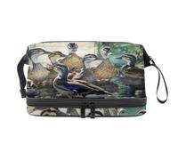 Group of Indian Runner Ducks on Water Double Layer Cosmetic Bag for Women and Girls, Travel Toiletry Bag Makeup Handy Pouch Organiser Bag with Brush Compartment