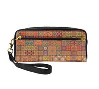 Group of Moroccan Geometric Double-Sided Printed Leather Portable Makeup Pouch-Multi-Purpose Cosmetic Bag, Pencil Case and Organizer for Women