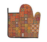 Group Of Moroccan Geometric Oven Gloves And Pot Holder 2 Pc Set For Kitchen Cooking,Print Thick Cotton Heat Resistant, Non-Slip