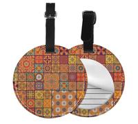 Group of Moroccan Geometric Print Luggage Tag Round Leather Luggage Tag Easy Identification & Privacy Protection for Suitcases Easy to Identify Privacy Cover Id Label