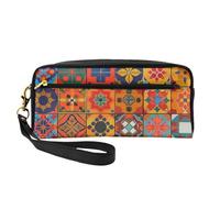 Group of Moroccan Geometric Printed Makeup Bag for Women Travel PU Leather Cosmetic Bag with Wristlet Toiletry Bag