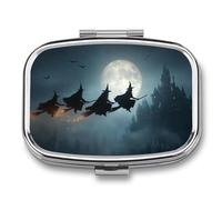 Group of Witches Flying on Brooms Pill Box 2 Compartment Portable Medicine Pill Case Travel Pill Organizer for Pocket Purse